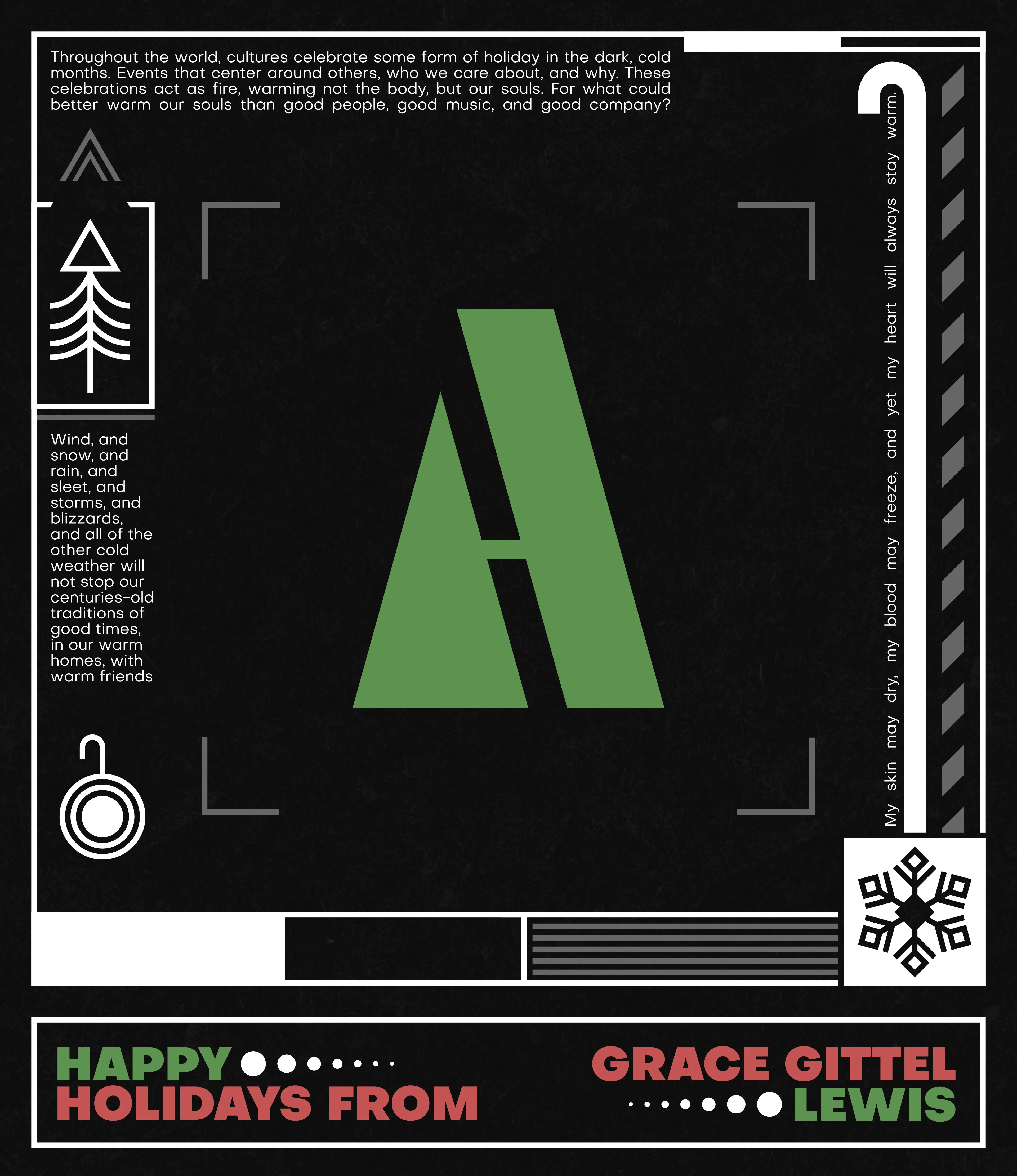 A minimalist letter A is centered on a black, textured background. Bordering it are various festive shapes and text in white. The bottom of the card reals 'Happy holidays from Grace Gittel Lewis'